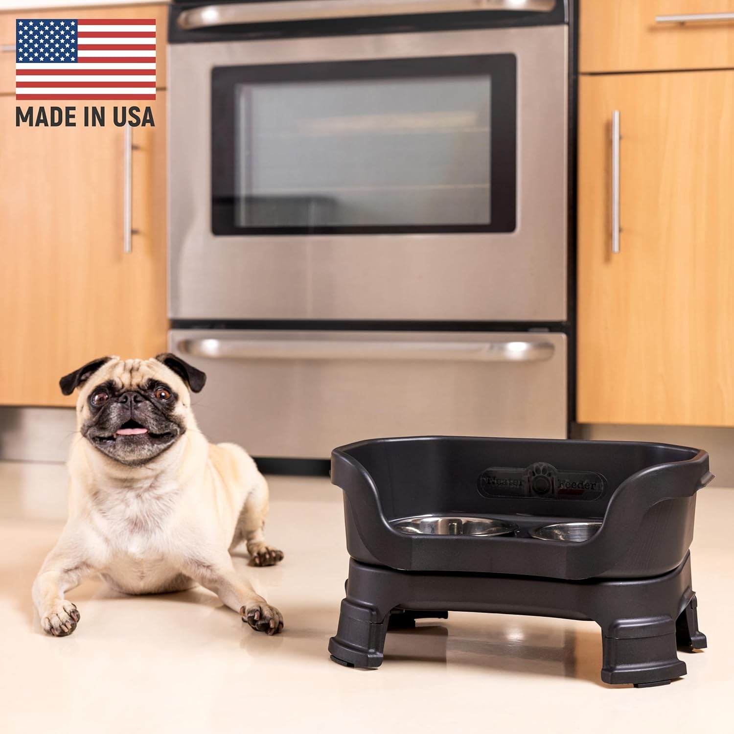 Neater Feeder Deluxe Mess Proof Dog Bowls Elevated for Small Breeds – Made in USA – No Spill Raised Dog Food Bowl Stand W/Leg Extensions – Stainless Steel Dog Food and Water Bowl Set – Black
