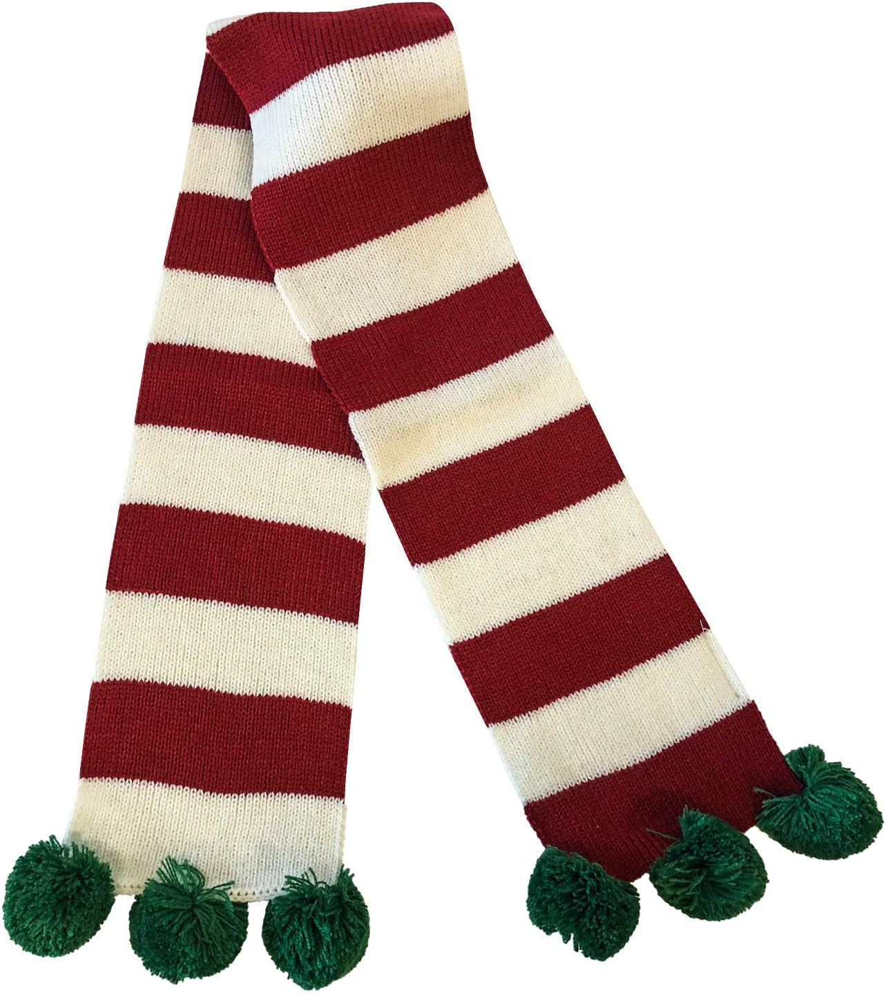 Christmas Striped Dog Scarf- Red/White & Green Pom Pom